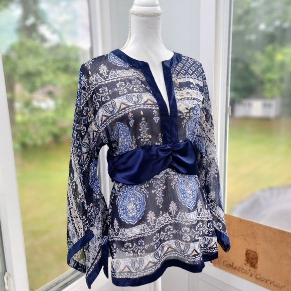 Rampage Navy Blue Satin Trim Sheer Print Waist Defined Bell Sleeve Tunic Top - Picture 5 of 14